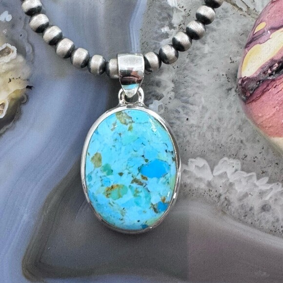 Jewelry - Sterling Silver Southwestern Style Large Oval Apatite Pendant For Women